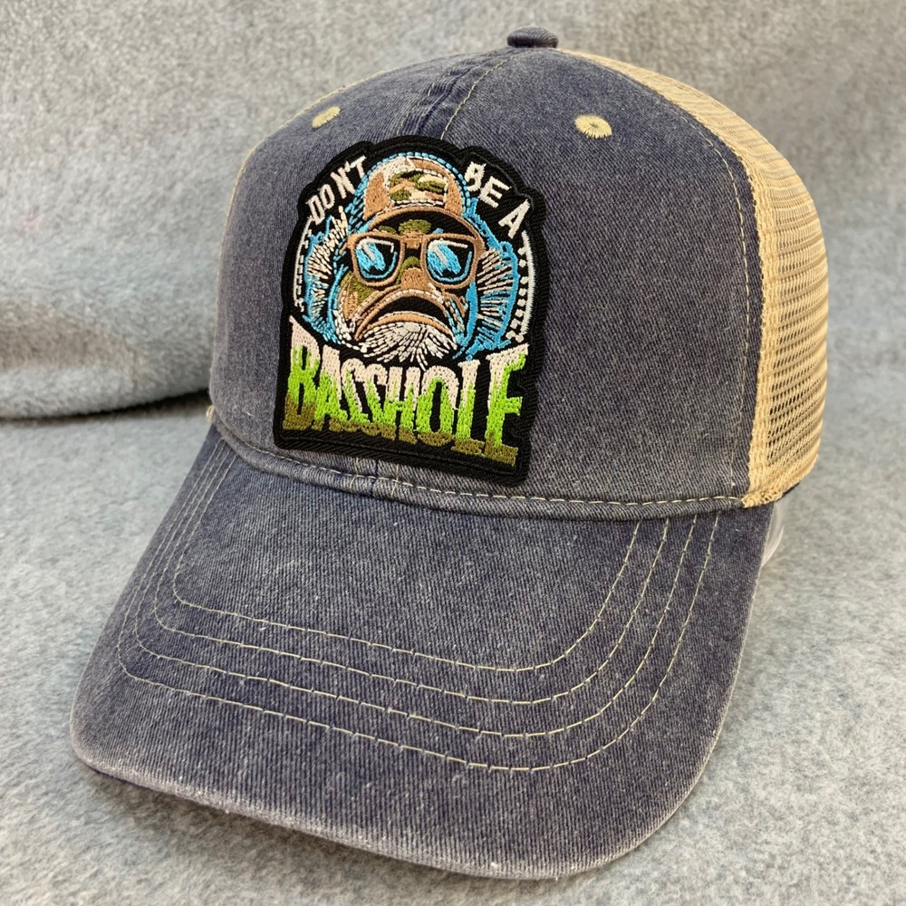 Don't Be A Basshole Patch Mens Blue Trucker Hat Fishing Graphic Snapback OSFM